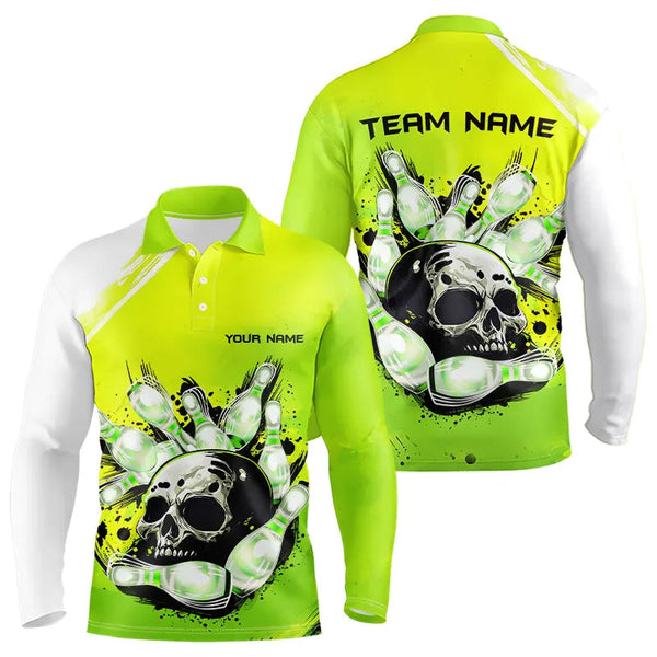 Maxcorners Green Skull Bowling Ball And Pins Bowling Polo, Quarter Zip Shirts For Men Custom Team Bowling Jerseys