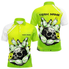 Maxcorners Green Skull Bowling Ball And Pins Bowling Polo, Quarter Zip Shirts For Men Custom Team Bowling Jerseys