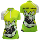 Maxcorners Green Skull Bowling Ball And Pins Bowling Polo, Quarter Zip Shirts For Men Custom Team Bowling Jerseys
