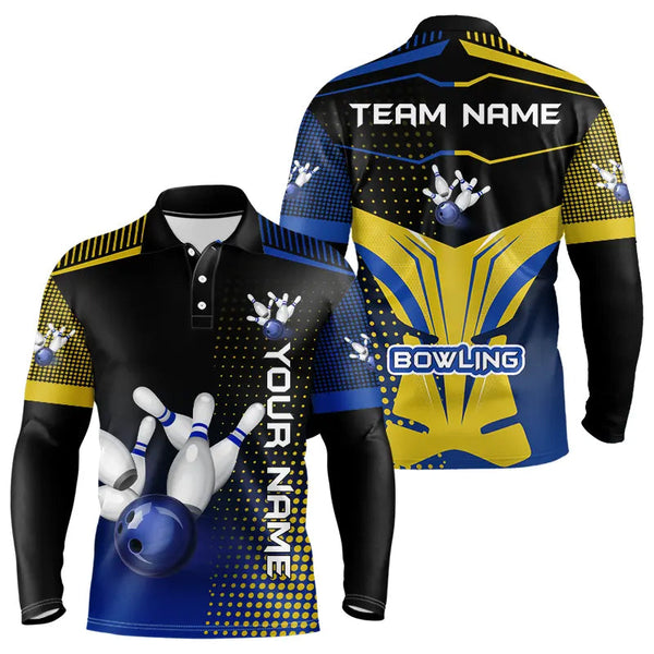Maxcorners Yellow & Blue Pattern Bowling Polo, 1/4 Zip Shirt For Men Custom Team Bowling Jersey, Gift For Bowler