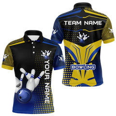 Maxcorners Yellow & Blue Pattern Bowling Polo, 1/4 Zip Shirt For Men Custom Team Bowling Jersey, Gift For Bowler