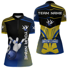 Maxcorners Yellow & Blue Pattern Bowling Polo, 1/4 Zip Shirt For Men Custom Team Bowling Jersey, Gift For Bowler