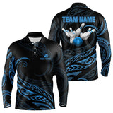 Maxcorners Black And Blue Tribal Pattern Bowling Polo, Quarter Zip Shirts For Men Custom Team Bowling Jerseys