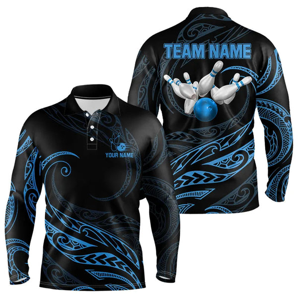 Maxcorners Black And Blue Tribal Pattern Bowling Polo, Quarter Zip Shirts For Men Custom Team Bowling Jerseys