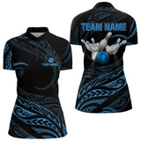 Maxcorners Black And Blue Tribal Pattern Bowling Polo, Quarter Zip Shirts For Men Custom Team Bowling Jerseys