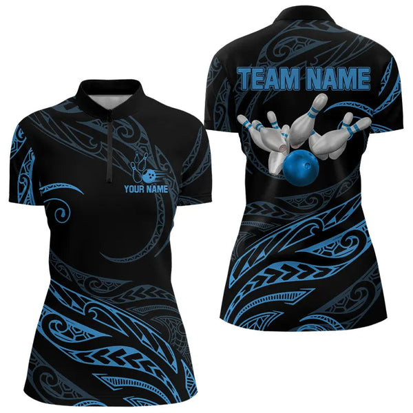 Maxcorners Black And Blue Tribal Pattern Bowling Polo, Quarter Zip Shirts For Men Custom Team Bowling Jerseys