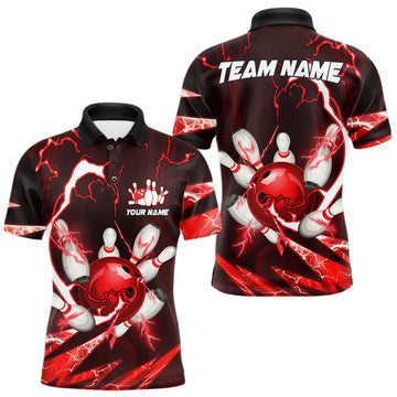 Maxcorners Red Thunder Lightning bowling ball and pins jerseys Custom Team Bowling Polo, 1/4 Zip Shirts For Men