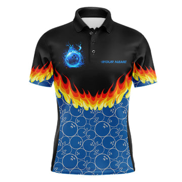 Maxcorners Black and Blue Camo Flame Bowling Polo, 1/4 zip shirts for Men Custom team men's bowling jerseys LM1501