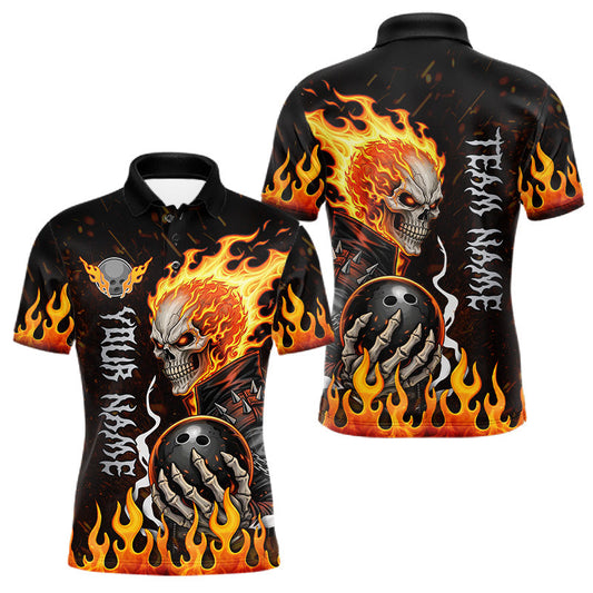 Maxcorners Custom Orange Flame Skull Bowling shirts for men, bowling team league jerseys Polo, 1/4 zip shirts LM2201