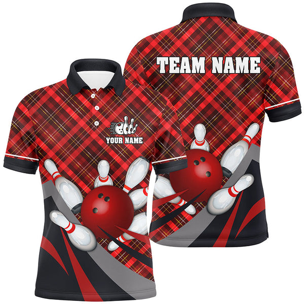 Maxcorners Red Plaid Christmas Pattern Bowling Jersey Customized Name, Team Name 3D Shirt Unisex