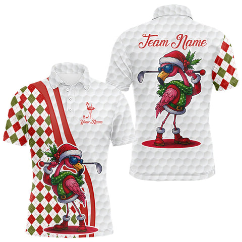 Maxcorners Funny Christmas Flamingo Mens golf polo shirt custom red, green and white argyle pattern golf shirts MT1511