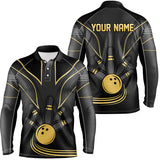 Maxcorners Bowling And Pins Black Gold Customized Name, Team Name 3D Polo Shirt