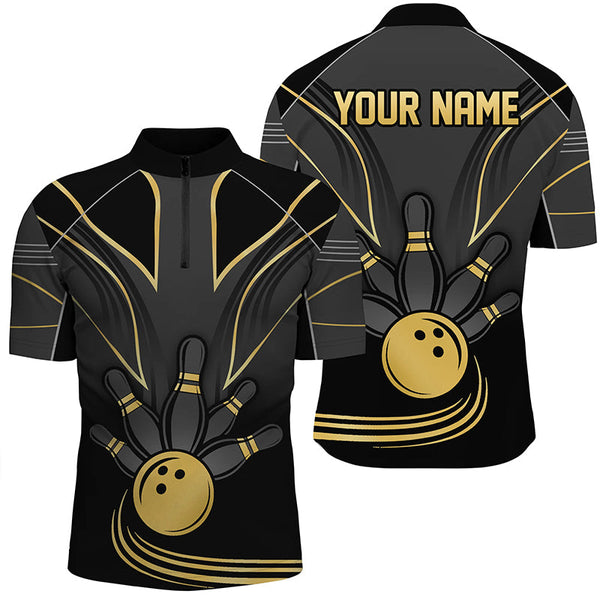 Maxcorners Bowling And Pins Black Gold Customized Name, Team Name 3D Polo Shirt