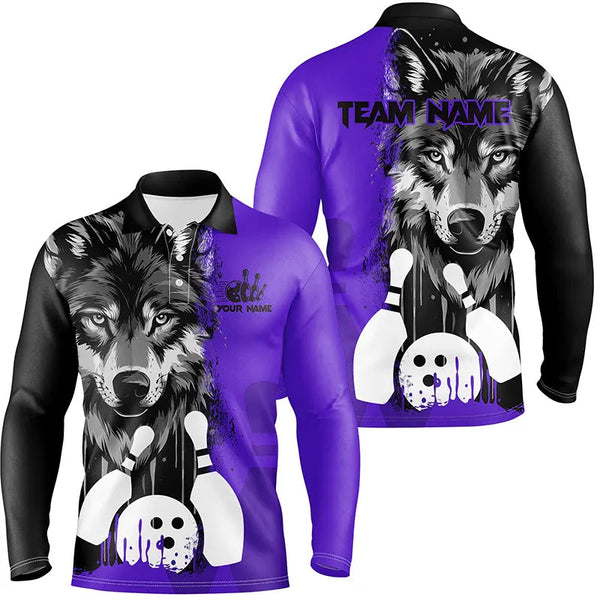 Maxcorners Black And Purple Wolf Bowling Jersey Customized Name, Team Name 3D Shirt Unisex