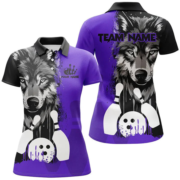 Maxcorners Black And Purple Wolf Bowling Jersey Customized Name, Team Name 3D Shirt Unisex