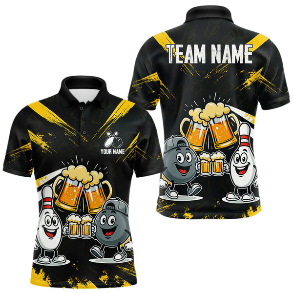 Maxcorners Custom Black And Yellow Funny Beer Bowling Men Polo, Quarter Zip Shirts, funny bowling shirts TU1711
