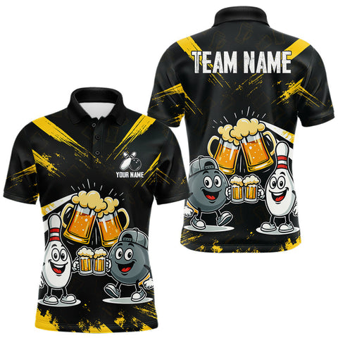 Maxcorners Custom Black And Yellow Funny Beer Bowling Men Polo, Quarter Zip Shirts, funny bowling shirts TU1711