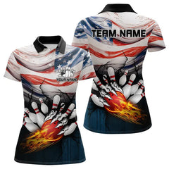 Maxcorners American Flag Flame Bowling Polo, Quarter Zip Shirts For Men Custom Patriotic Bowling Team Jersey