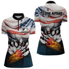 Maxcorners American Flag Flame Bowling Polo, Quarter Zip Shirts For Men Custom Patriotic Bowling Team Jersey