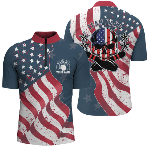 MaxCorners Bowling Ball And Pins Vintage American Flag Patriotic Skull Customized Name, Team Name 3D Stand Collar Zipper Polo Shirt