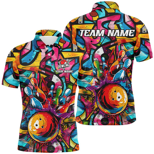 MaxCorners Bowling And Pins Colorful Graffiti Pattern  Customized Name, Team Name 3D Polo Shirt For Men