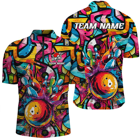 MaxCorners Bowling And Pins Colorful Graffiti Pattern Customized Name, Team Name 3D Stand Collar Zipper Polo Shirt For Men