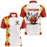 Maxcorners Bowling Ball And Pins Halloween Orange Argyle Pattern Customized Name, Team Name 3D Polo Shirt Unisex