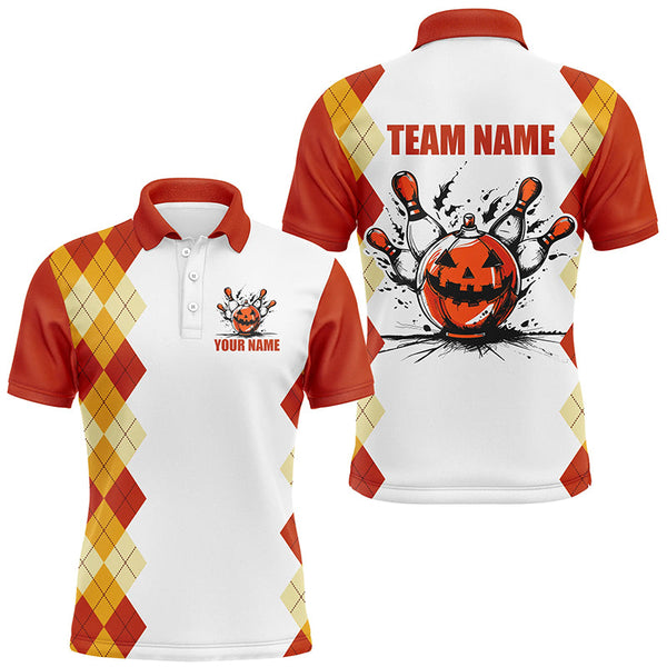 Maxcorners Bowling Ball And Pins Halloween Orange Argyle Pattern Customized Name, Team Name 3D Polo Shirt Unisex