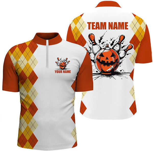 Maxcorners Bowling Ball And Pins Halloween Orange Argyle Pattern Customized Name, Team Name 3D Polo Shirt Unisex