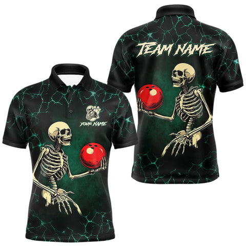 Maxcorners Black and Green Lightning Skull Bowling Polo, Quarter zip shirts For Men Custom Bowling Team Outfit MT1810