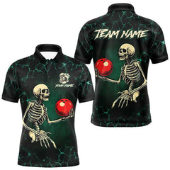 Maxcorners Black and Green Lightning Skull Bowling Polo, Quarter zip shirts For Men Custom Bowling Team Outfit MT1810