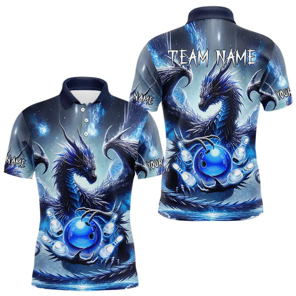 Maxcorners Personalized Blue Lights Dragon Mens Bowling Polo, Quarter Zip Shirt Custom Team Bowling League Jersey