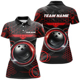 Maxcorners Bowling And Pins Black And Red Hexagon Pattern Customized Name, Team Name 3D Polo Shirt