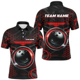 Maxcorners Bowling And Pins Black And Red Hexagon Pattern Customized Name, Team Name 3D Polo Shirt