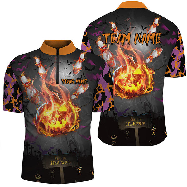 Maxcorners Funny Flame Pumpkin Bowling Jersey Customized Name, Team Name 3D Polo Shirt