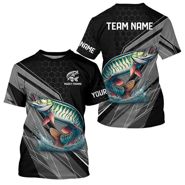 Maxcorners Personalized Black camo Musky Fishing Jerseys, Muskie Long Sleeve Fishing Tournament Shirts MT2108