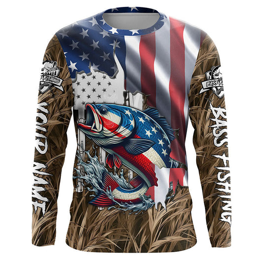 Maxcorners American flag patriotic Bass camo fishing Customize UV protection long sleeves fishing shirt for men LM0201