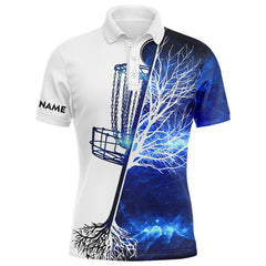 Maxcorners Mens disc golf polo shirt custom name blue galaxy disc golf basket, personalized disc golf shirts MT0510