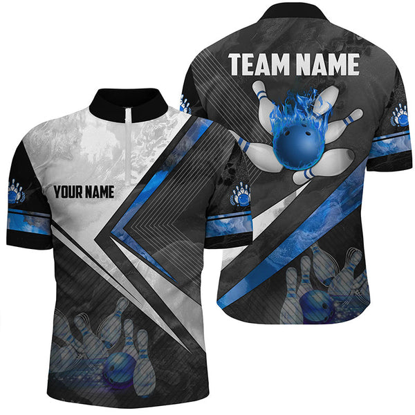 MaxCorners Bowling Ball And Pins Blue Ball Flame Customized Name, Team Name 3D Stand Collar Zipper Polo Shirt