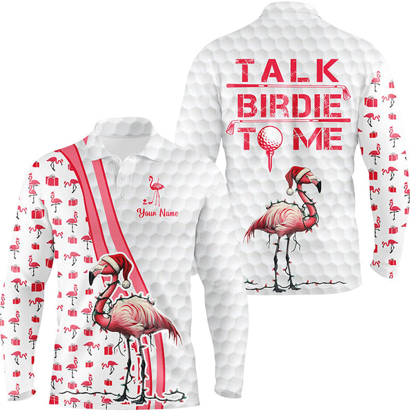 Maxcorners Funny Mens golf polo shirt custom pink and white flamingo Christmas golf shirts talk birdie to me