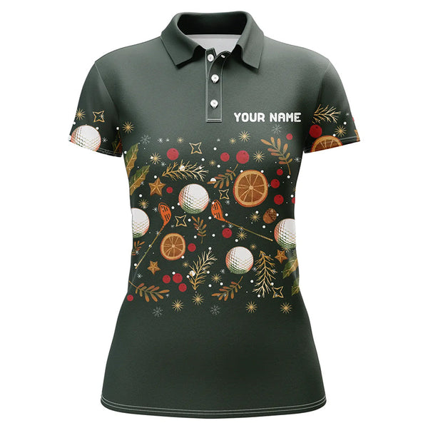 Maxcorners Funny Womens golf polo shirt custom Green Christmas golf pattern, christmas golf attire for ladies