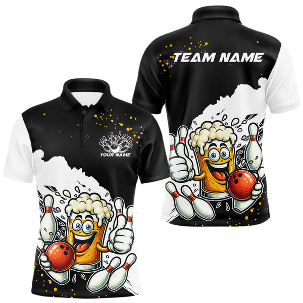 Maxcorners Funny Beer Glass Black and White Bowling Polo, 1/4 Zip Shirts for Men Custom Bowling Team Jersey LM2110