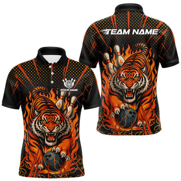 Maxcorners Personalized Tiger Bowling Shirts For men, Black and Orange Flame Team Tiger Bowling Jerseys LM2011