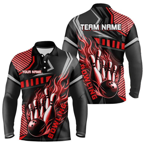 Maxcorners Black And Red Bowling Ball Pins Polo, Quarter Zip Shirt For Men Custom Bowling Team League Jerseys
