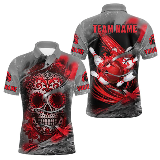 Maxcorners Red Sugar Skull Tattoo Custom Mens Bowling Polo, Quarter Zip Shirts,Team Bowling Jerseys LM2201