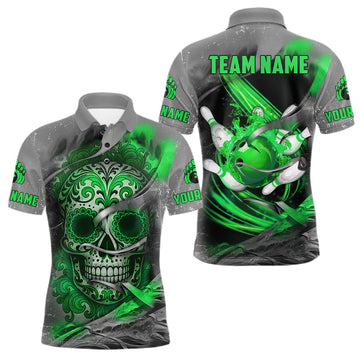 Maxcorners Green Sugar Skull Tattoo Custom Mens Bowling Polo, Quarter Zip Shirts,Team Bowling Jerseys LM2201