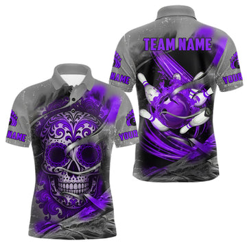Maxcorners Purple Sugar Skull Tattoo Custom Mens Bowling Polo, Quarter Zip Shirts,Team Bowling Jerseys LM2201