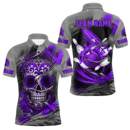 Maxcorners Purple Sugar Skull Tattoo Custom Mens Bowling Polo, Quarter Zip Shirts,Team Bowling Jerseys LM2201