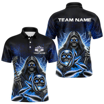 Maxcorners Personalized Skull Bowling Shirt For Men Custom Team Name Lightning Thunder Bowler Jerseys | Blue LM233