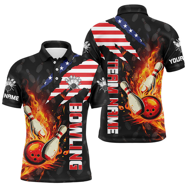 MaxCorners Bowling And Pins American Flag  Customized Name, Team Name 3D Polo Shirt For Men